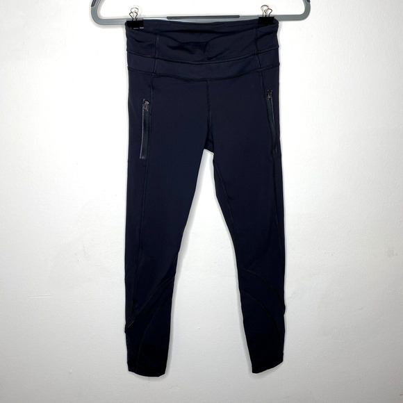 Lululemon Black Side Hip Zip Pockets Mesh Detail Waist & Ankle 7/8 Leggings 4 - Picture 1 of 8